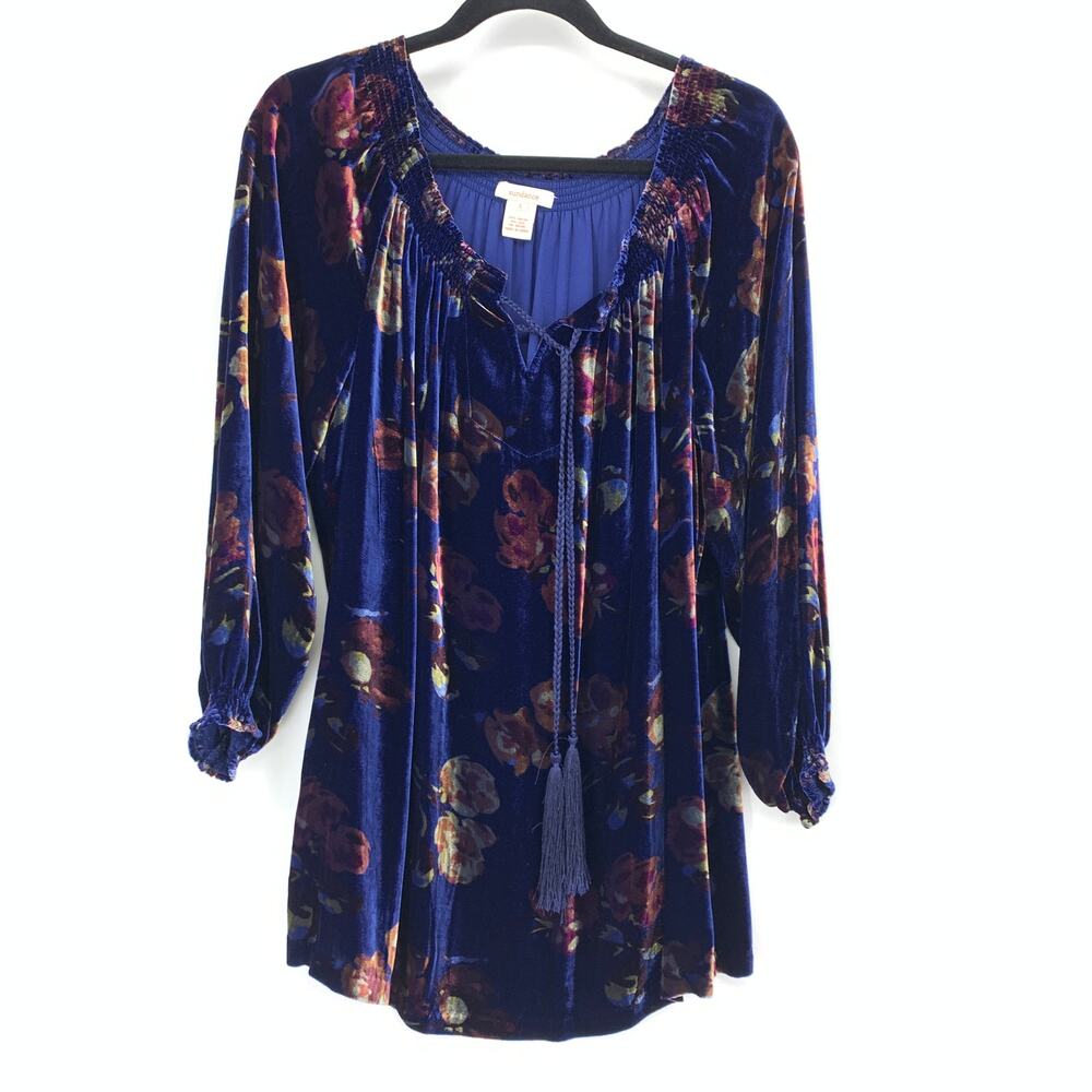 Sundance Blue Velvet Tunic Top Womens Sz L Floral Peasant Blouse Tassel Tie Boho